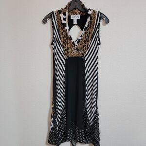 Joseph Ribkoff Sleeveless Dress Black and White Stripe, Leopard and Dot Print